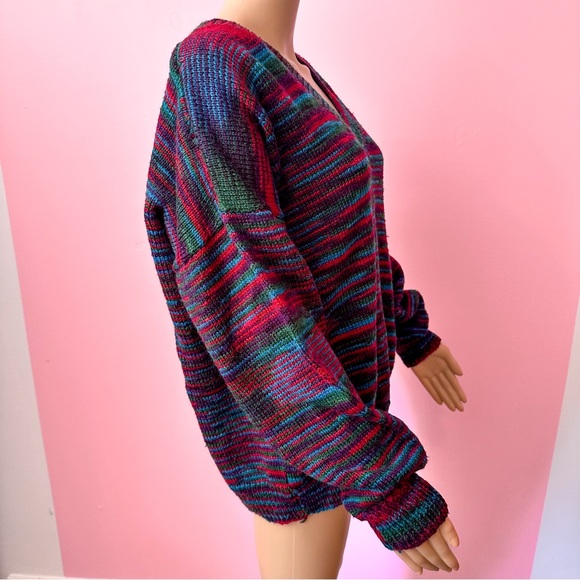 Vintage 90’s Multicolour Handmade V Neck Grunge Baggy Sweater Size XL - Picture 6 of 8